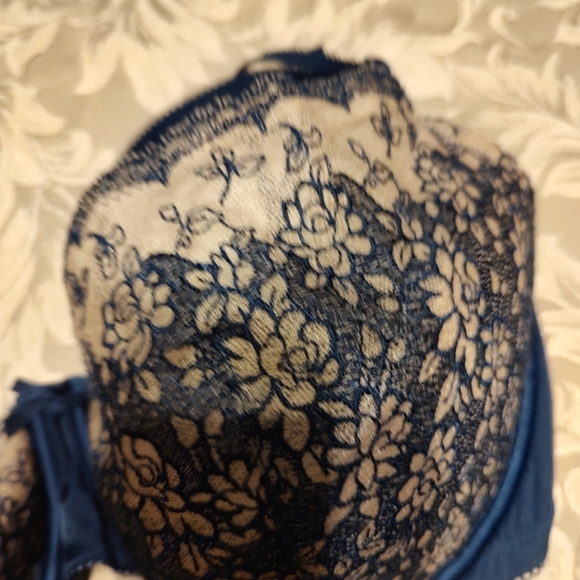 💙 Vtg Victorian Inspired VS Navy Blue Lace & Cream Floral Baclonet Bra - 38DD - Picture 2 of 7